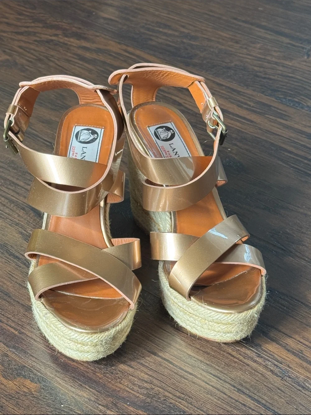 Lanvin Rose Gold Leather Espadrille Wedge Sandals